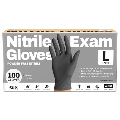 Nitrile+ SUP Exam Plus Gloves, Powder-Free Disposable, Black 100 Count - color: Large (Iron Grey)