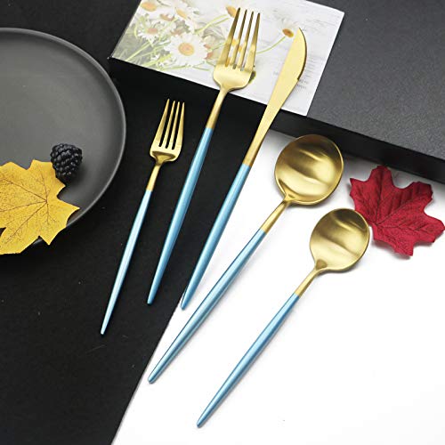 JASHII Luxury 18/10 Blue Handle Flatware Gold Silverware Set 304 Stainless Steel Flatware Cutlery Set| 20-Piece Adaline Royal Modern Satin Finish| BEST Birthday Wedding Gift (Blue Handle Matte Gold) - color: Blue Gold, size: Service for 4