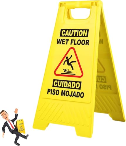 24 Inches Caution Wet Floor Sign Bright Yellow Double Sided Bilingual Folding A-Shaped Frame Design Caution Message Safety Warning Wet Floor Sign Collapsible Commercial Warning Sign Prevent Slip