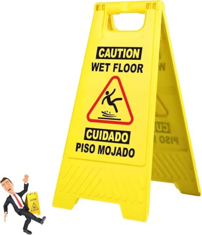 24 Inches Caution Wet Floor Sign Bright Yellow Double Sided Bilingual Folding A-Shaped Frame Design Caution Message Safety Warning Wet Floor Sign Collapsible Commercial Warning Sign Prevent Slip