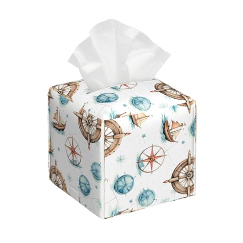 Tissue Box Cover Nautical Ocean Anchor Compass Ship Square PU Leather Tissue Box Holder for Car Bathroom Bedroom Desk Tabletop Decor - color: Nautical Ocean Anchor Compass Ship