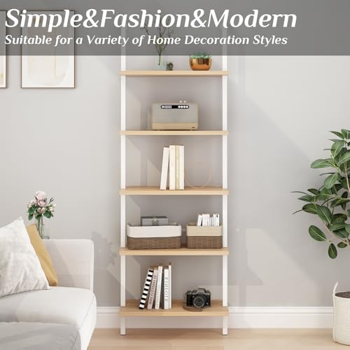 Karl home Oak 5 Tier Wall Mount Ladder Shelf, Metal Frame Open Bookcase - color: Oak
