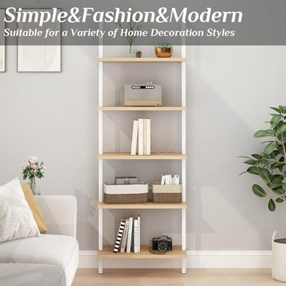 Karl home Oak 5 Tier Wall Mount Ladder Shelf, Metal Frame Open Bookcase - color: Oak