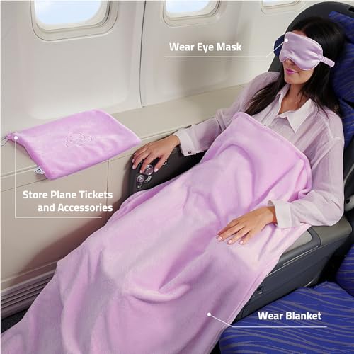 Travel Blanket Pillow,Airplane Blanket Compact with Bag Eye Mask, Ultra-Soft,Warm & Lightweight Included,Travel Essentials for Women & Men, Luggage Sleeve & Backpack Clip 65x40 in,Purple - color: Purple