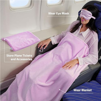 Travel Blanket Pillow,Airplane Blanket Compact with Bag Eye Mask, Ultra-Soft,Warm & Lightweight Included,Travel Essentials for Women & Men, Luggage Sleeve & Backpack Clip 65x40 in,Purple - color: Purple