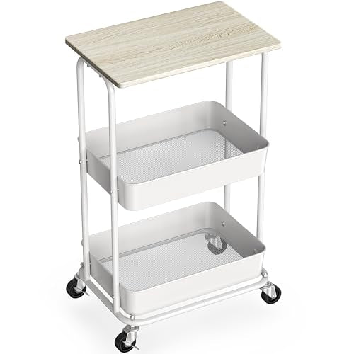 Simple Houseware 2-Tier Rolling Utility Cart Wood Top/Lockable Wheel, Maple - color: Maple
