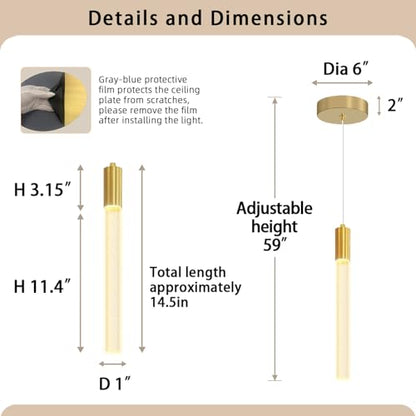 Modern Gold Crystal Column Pendant Light, Dimmable LED Chandelier, Adjustable Hanging Pendant Lighting for Kitchen Island - color: Gold, size: 1-Light