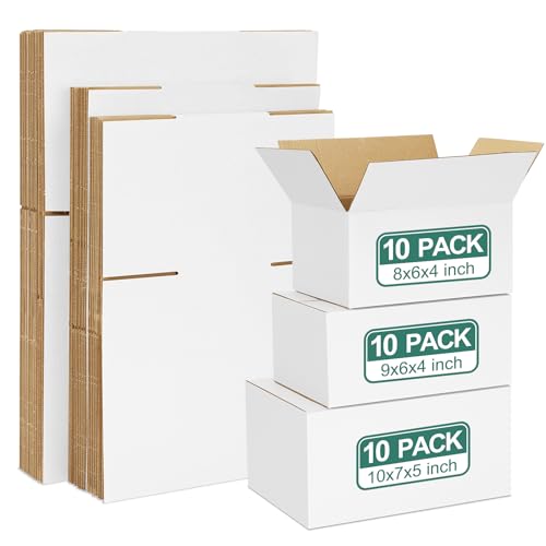 Eupako 30 Pack Small Shipping Boxes Assorted Sizes, 8x6x4 & 9x6x4 & 10x7x5 10 PCS Each Small Boxes, White Corrugated Box Mailers, Cardboard Boxes for Packaging Small Business, Mailing - color: White, size: 8x6x4 & 9x6x4 & 10x7x5 Inches