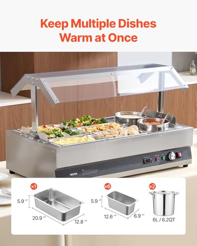 VEVOR Electric Soup Warmer, Two 6.34QT Pots & Six 1/3 Pans, Stainless Steel Commercial Food Warmer with 86~185°F Adjustable Temp, 1500W Bain Marie with Cover, Soup Station for Restaurant, Buffet - size: 2×6L Pots and 6×1/3 Pans