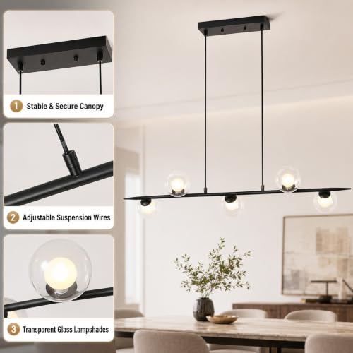 Siittoo 44.88In Modern Black Linear Chandelier with Clear Glass Globes - color: 44 in/Black/5-light(not included bulbs)