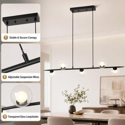 Siittoo 44.88In Modern Black Linear Chandelier with Clear Glass Globes - color: 44 in/Black/5-light(not included bulbs)