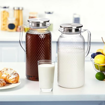 Nicunom 2 Pack Plastic Pitcher 68 Oz, Clear Pitcher with Lid, Water Jug for Fridge, BPA-Free, Ice Tea Pitchers for Juice, Sangria, Lemonade, Milk, Coffee, Cold or Hot Beverages