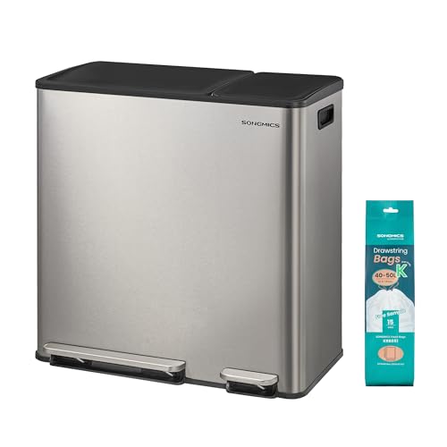 SONGMICS Trash Can, 13 + 6 Gallon Dual-Compartment, Soft-Close Lid - color: Silver, size: 13 + 6 Gallon