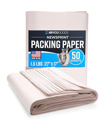 Bryco Goods Newsprint Packing Paper Sheets for Moving - 1.5lb - 50 Sheets of Newspaper Paper - Wrapping and Protecting Fragile Items, Box Filler, Shipping Supplies - 27" x 17" - Made in the USA - size: 27" x 17" (50 Sheets)