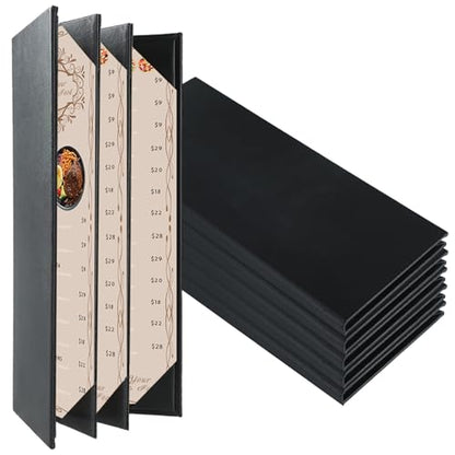 Restaurant Menu Covers Holders 4.25" x 11" | Pack of 5 Synthetic Leather Quad Fold Panels 6 View Angled Corners Black for Wine List, Drinks (5, Quad Fold Panels 6 View (4.25 x 11 inch)) - size: 4 Page 6 View