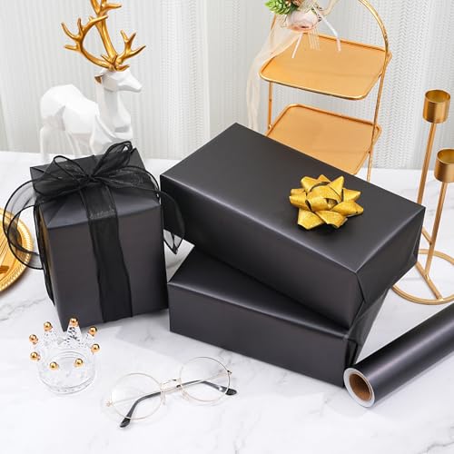 ZINTBIAL Matte Black Wrapping Paper Roll with Cut Lines - Solid Black Holiday Gift Wrap for Graduation, Birthdays, Wedding, Christmas, All Occasion - 17.5 in x 33 ft (48 sq. ft), Easy to Cut - color: Matte-Black