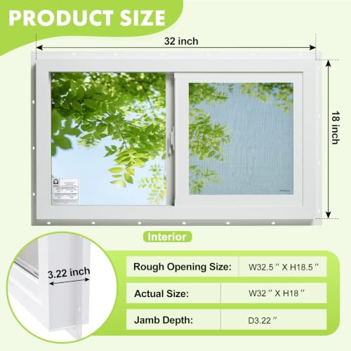 3.22" Thickness 32" x 18" Vinyl Sliding Basement Window,Low-E Glass with Argon Gas,Double-Pane Insulated Tempered Clear Glass,Half Screen Included,White - size: 32"x18"