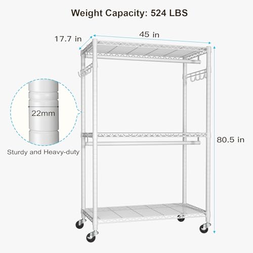 FUTASSI P1 Plus Rolling Clothes Rack, 22mm Diameter Heavy Duty Garment Rack - color: White, size: P1 Plus