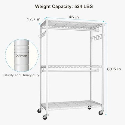 FUTASSI P1 Plus Rolling Clothes Rack, 22mm Diameter Heavy Duty Garment Rack - color: White, size: P1 Plus