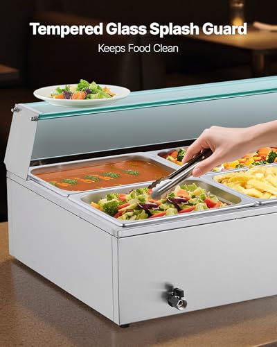 VEVOR Commercial Food Warmer, 1500W Electric Stainless Steel Steam Food Warmer with Glass Cover, 6 x 1/2 Size Pans Buffet Bain Marie with Soup & Perforated Ladles, for Catering, Restaurant & Party - size: 6x1/2Pan ;72QT