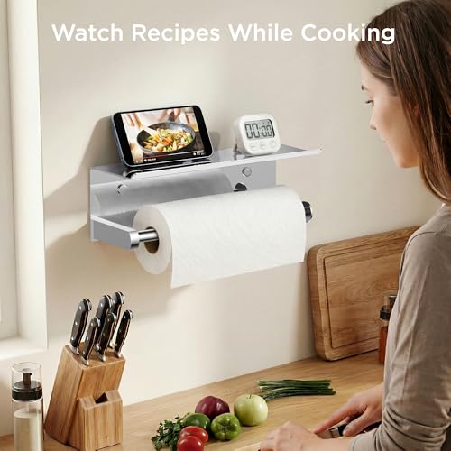 FORIOUS Wall Mount Paper Towel Holder with Shelf for Kitchen, Chrome - color: Chrome