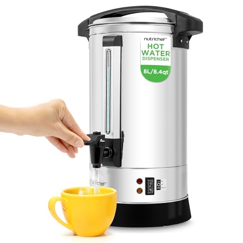 NutriChef Water Boiler and Hot Water Dispenser, 8L Electric Beverage Dispenser with Safety Lock Lid, Non-Drip Tap, Warm Function, Food Grade Stainless Steel, Home & Commercial Use, 19"x9"x9", Silver - size: 8.5 Quarts