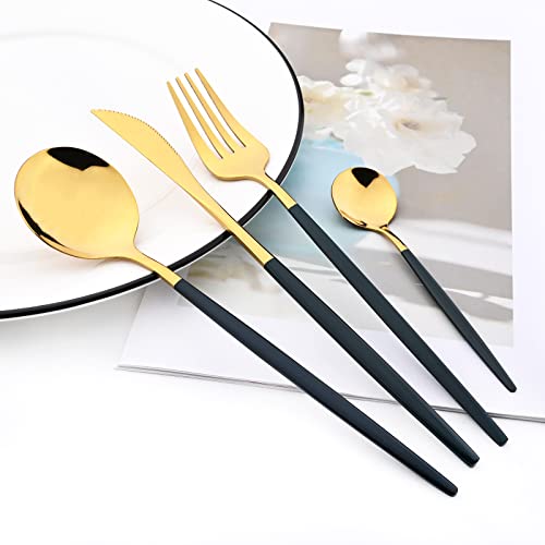 Mirror Cutlery Serving Set, 24-piece 18/0 Stainless Steel Silverware With Green Handle Simple & Modern Tableware For Home Party Restaurant Christmas Dinner, Service For 6 (Green Gold) - color: Green gold