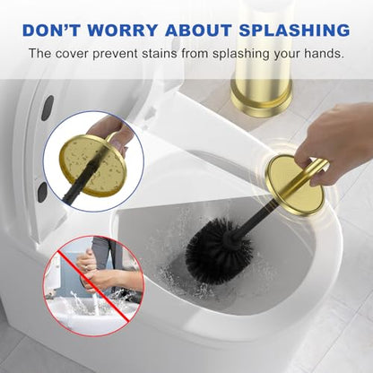 304 Stainless Steel Toilet Brush and Holder Set, Toilet Bowl Brush and Holder, Heavy Duty with Long Handle, Removable Inner Bowl and Splash Protection for Bathroom - color: Light Gold