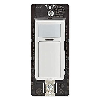Leviton Decora Vacancy Motion Sensor In-Wall Switch, Manual-On, 2A, Single Pole, DVS02-1LW, White