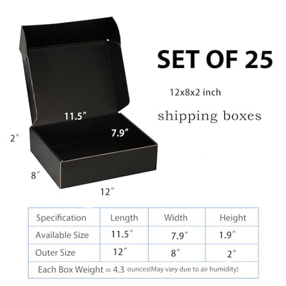 12x8x2 Black Shipping Boxes for Small Business, Packing, 25 Pack - color: Black, size: 12x8x2 inch