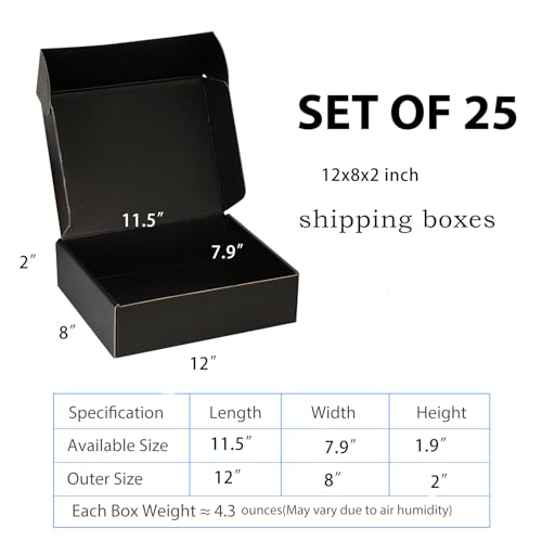 12x8x2 Black Shipping Boxes for Small Business, Packing, 25 Pack - color: Black, size: 12x8x2 inch