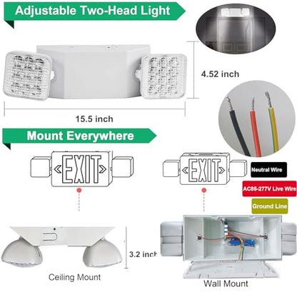 LED Emergency Light Fixture, Commercial Emergency Lights with Battery Backup, Square 2 Head Adjustable LED Emergency Light for Power Failure Business, Emergency Exit Light AC 110V-277V 6 Pack - color: 6 Pack