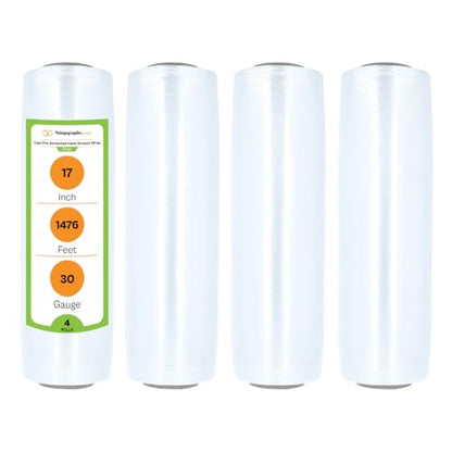 PSBM 4 Rolls 17 Inch x 1476 Feet 30 Gauge Pre-Stretched Film/Wrap, Industrial Strength Clear Shrink/Plastic Wrap for Moving, Packing, Shipping, Pallet Wrapping & Storage - size: 17 Inch, style: 30 GA