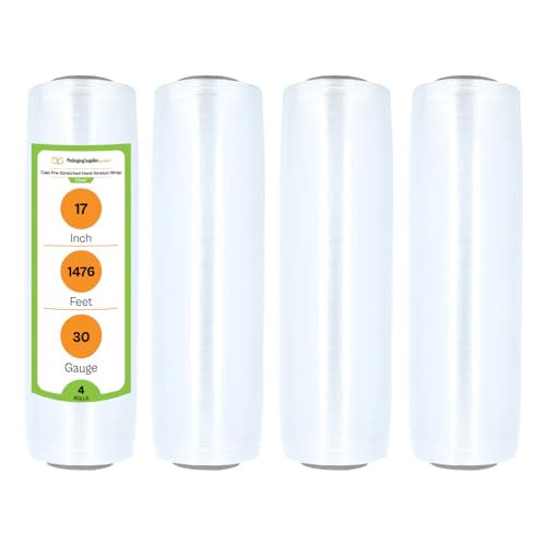 PSBM 4 Rolls 17 Inch x 1476 Feet 30 Gauge Pre-Stretched Film/Wrap, Industrial Strength Clear Shrink/Plastic Wrap for Moving, Packing, Shipping, Pallet Wrapping & Storage - size: 17 Inch, style: 30 GA