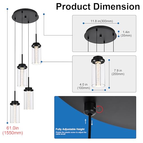 MELUCEE 4-Light Dimmable LED Pendant Light Black with Clear Glass Shade - color: Black, size: 4-Light-Round
