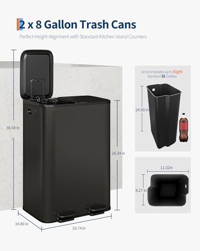 Large Stainless Steel Dual Compartment Recycling Trash Can 2*30 l/16 Gal Recycle Bins with Lid Waste Bin with Removable Buckets, Bathroom,Kitchen Garbage Can Rectangle Garbage Bin,Black - color: black, size: 2*30L
