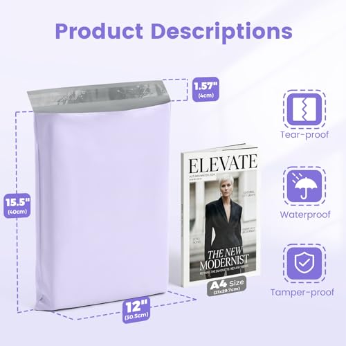 Metronic Poly Mailers 12x15.5 50PC Shipping Bags for Clothing Lilac Purple - color: Lilac Purple, size: 12x15.5 50PC