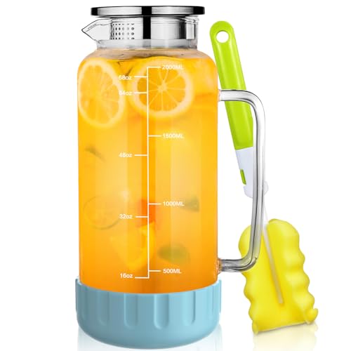 Aofmee 68oz Glass Pitcher with Lid and Handle for Fridge, Blue Silicone - color: Blue Silicone