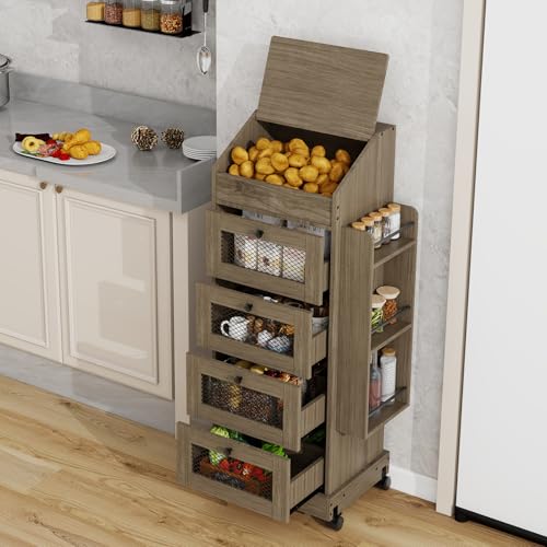 ARTETHYS Potato Storage Bin 5-Tier Rolling White Bread Box with Side Rack - color: Gray