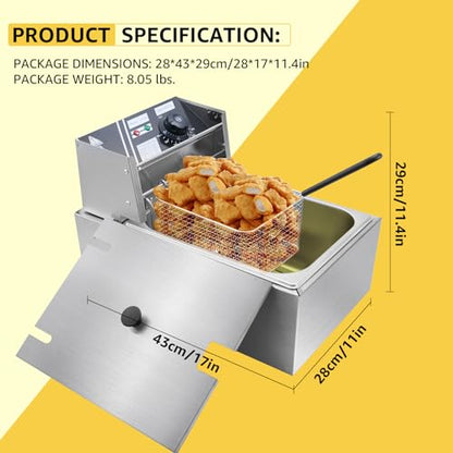 Commercial Deep Fryer with Baskets, 2500W Thickened Stainless Steel Electric Oil Fryer, Large Capacity with Temperature Control (6L) - size: 6L