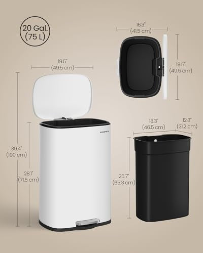 SONGMICS 20 Gallon (75 L) Trash Can, Stainless Steel, Step-On Pedal - color: White, size: 20 Gal.