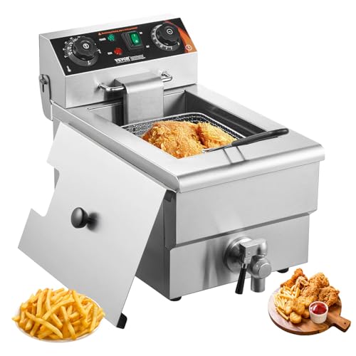 VEVOR Commercial Deep Fryer, 1500W Electric Countertop Fryer with Basket, 11.6Qt / 11L Stainless Steel Single Oil Fryer with Time & Temp Control, Overheat Protection, for Kitchen Restaurant Use - size: Single Fryer, style: Upgraded with Timer & Oil Filtra