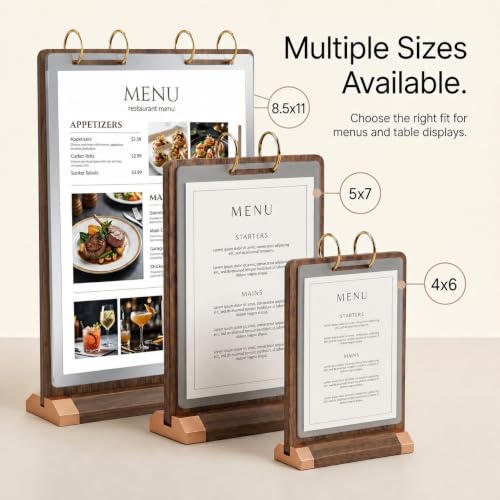 Flip Wooden Sign Holder 4 x 6 with Clear 4-Page PVC Sleeves, Vertical Tabletop Menu Display Stand for Restaurant, Office, Retail Store, Trade Show - size: 4x6, 1 Pack
