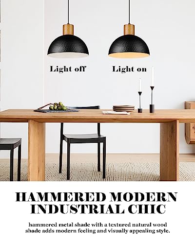 ELYONA 2 Pack Hammered Pendant Lights, 12" Industrial Metal Dome Hanging Lamp, Solid Wood Pendant Light Fixtures for Kitchen Island, Bar, Farmhouse, Dining Room, Bedroom, Hallway, Black - color: Black - 2 Pack