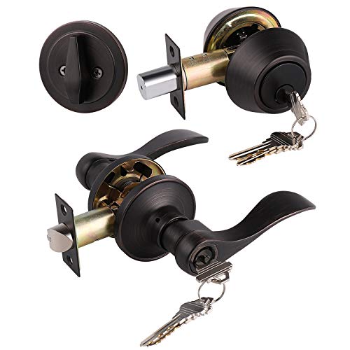 6 Pack Keyed-Alike Entry Lever and Single Cylinder Deadbolt Combination Locksets, Oil Rubbed Bronze Finish, Reversible Front Door Handleset with Handle and Deadbolt for Exterior Doors - color: Oil Rubbed Bronze, size: 6 Pack