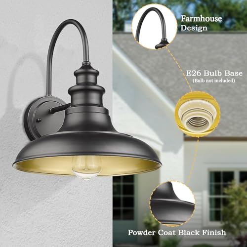 Outdoor Barn Light Fixtures, 12.3 Inch Large Dome Farmhouse Wall Mount Light Wall Sconces, Exterior Wall Lighting Fixtures Industrial Black Gold Lantern Lamps for Porch Garage Patio, 4 Pack - color: Black, size: 13-RZ004-4PACK(Not Dusk to Dawn)