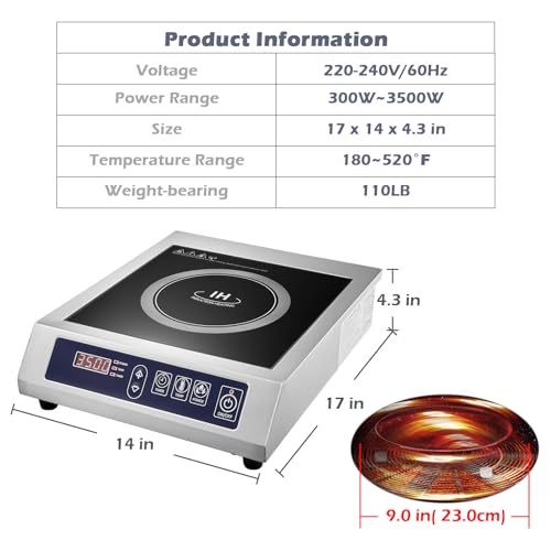 Commercial Induction Cooktop,3500W/ 240V Portable Electric Countertop Burner with Stainless Steel Housing, Durable Commercial Induction Hot Plate for Hotel Restaurant School