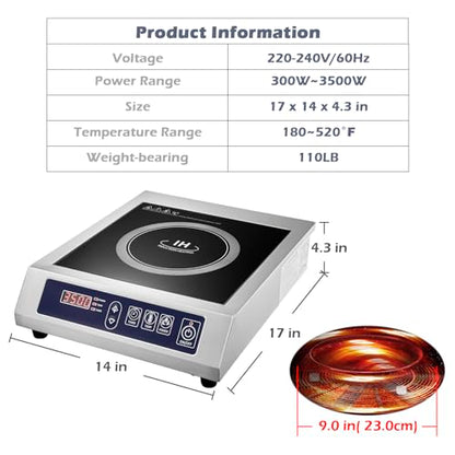 Commercial Induction Cooktop,3500W/ 240V Portable Electric Countertop Burner with Stainless Steel Housing, Durable Commercial Induction Hot Plate for Hotel Restaurant School