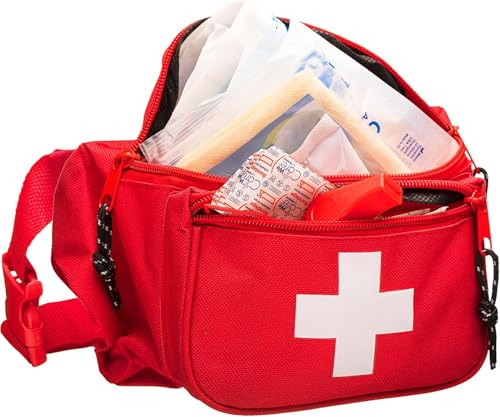 NOVAMEDIC First Aid Fanny Pack Stocked with 75 Piece Emergency Essentials, 8"x2"x6", Waist Bag w/ 3 Zippered Compartments & Adjustable Strap for Lifeguard, Hiking, Travel Men & Women, Durable, Red