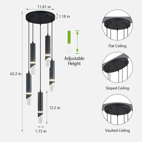 Modern Dimmable Led Pendant Lights Kitchen Island, Ideal for Living Room, Bedroom,Sink 30w LED Crystal Energy-Saving Hanging Lamp for Cozy Lighting (Black 5 Light) - size: 5-Light